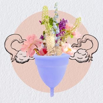 a sustainable menstrual cup with a bouquet of flowers growing from the middle and illustrated fallopian tubes coming out the side which makes the menstrual cup resemble a uterus. The photo illustration is on a peach colored circle and a watercolor paper texture in the background.