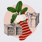 collage with a stocking with a plant coming out of it and two illustrated presents