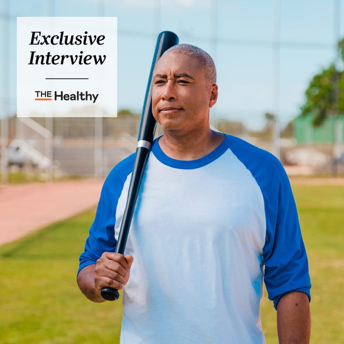 Bernie Williams with a baseball bat over his shoulder