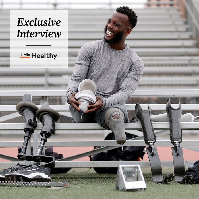 portrait of Blake Leeper on a bench outside with the healthy exclusive interview logo in the upper left corner
