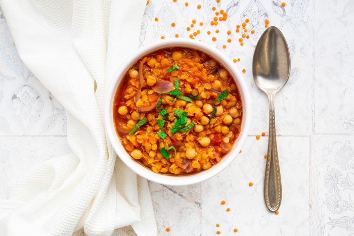 Lentil and chickpea soup (red lentils, chickpeas, tomatoes, red onions, mint)