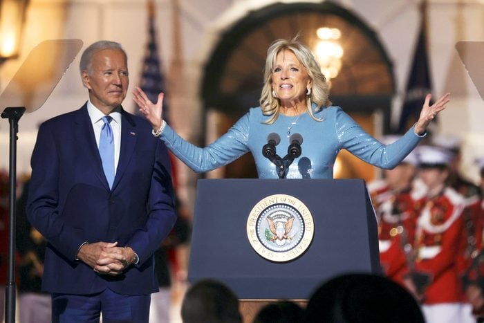 First lady Jill Biden delivers remarks alongside U.S. President Joe Biden prior to a performance by British singer-songwriter Sir Elton John on the South Lawn of the White House on September 23, 2022 in Washington, DC
