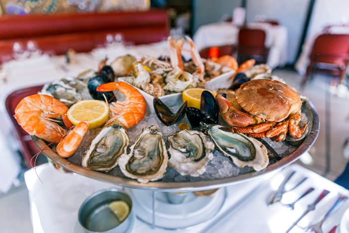Seafood platter with oysters, prawns and crab in a restaurant