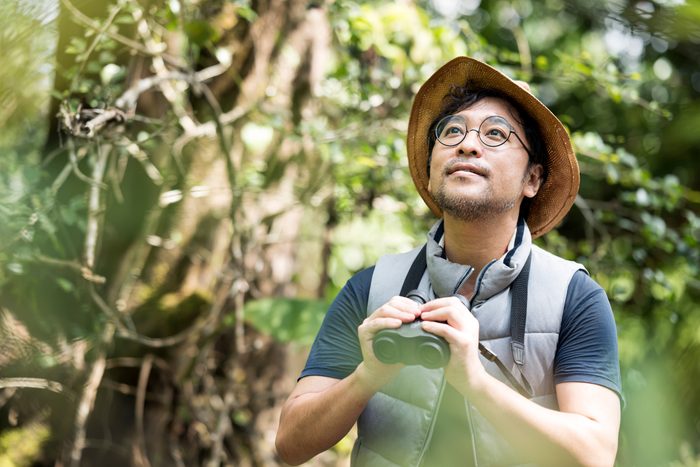 Senior Asian Man watching bird while holding binocular in an eco forest camp. Hobbies, Nature Addicted, and Nature Lover.