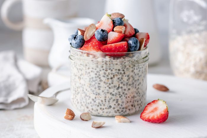 Overnight chia oats topped with berries and almonds
