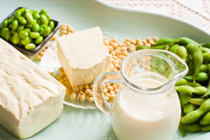 Soy Milk and Soybean Products Arranged On An Aqua Tray