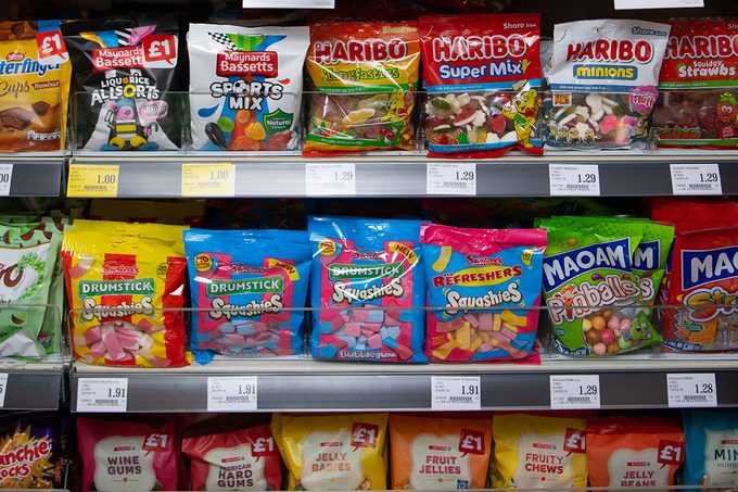 Packages of Sweets and Candies Displayed in a grocery store supermarket