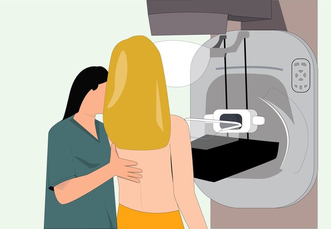 A Female Assisting Doctor Helps Patient Undergoing Mammogram X-ray Test