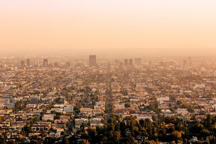 Los Angeles skyline at sunset, aerial view, California, USA