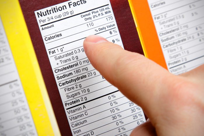 finger pointing at nutrition label on a food box