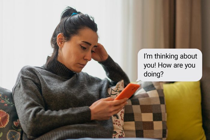 Speech bubble text: "I'm thinking about you! How are you doing?"