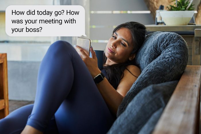 Speech bubble text: "How did today go? How was your meeting with your boss?"