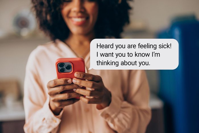 Speech bubble text: "Heard you are feeling sick! I want you to know I'm thinking about you."