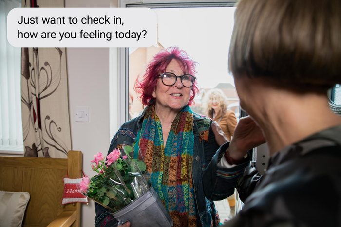 Speech bubble text: "Just want to check in, how are you feeling today?"
