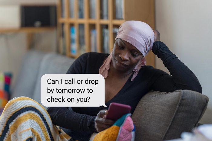 Speech bubble text: "Can I call or drop by tomorrow to check on you?"