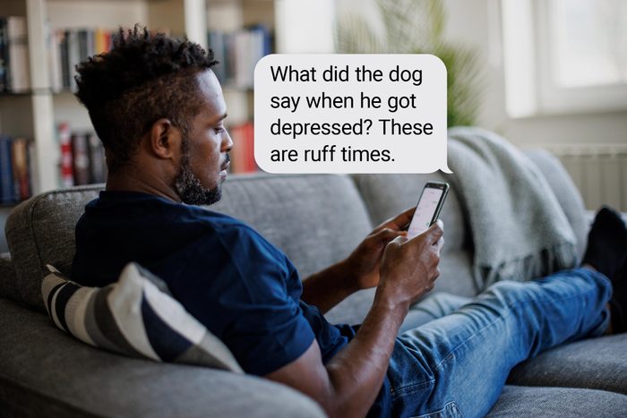 Speech bubble text: "What did the dog say when he got depressed? These are ruff times."