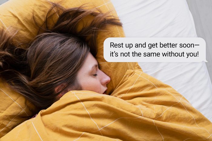 Speech bubble text: "Rest up and get better soon—it's not the same without you!"