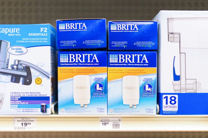Brita Water Filter Cases Stacked on a shelf in a store