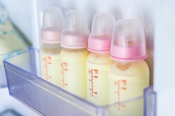 breast milk bottles in fridge