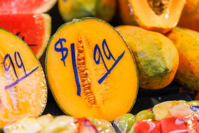 Freshly Cut Halves Of Rockmelon, or Cantaloupe, For Sale at a local Grocery Store Super Market Produce Section