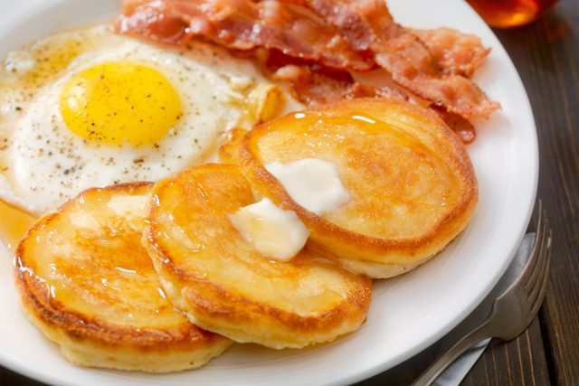 Grand Slam Breakfast - Pancakes, Bacon and Eggs