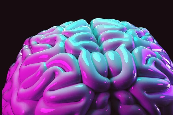 3D render of a digital brain illuminated with neon lights in black