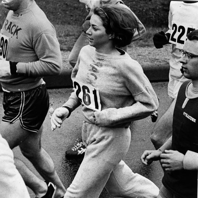 Kathy Switzer of Syracuse (261) and Rocky Chamberlain directly behind during the Boston Marathon
