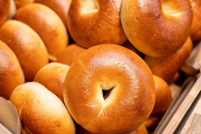 close up of plain bagels from a bakery